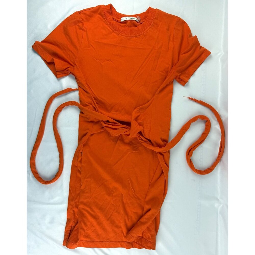Alice + Olivia Orange Evie Tie Waist Shirt Dress Cotton Relaxed Fit Size XS Mini - Picture 3 of 9